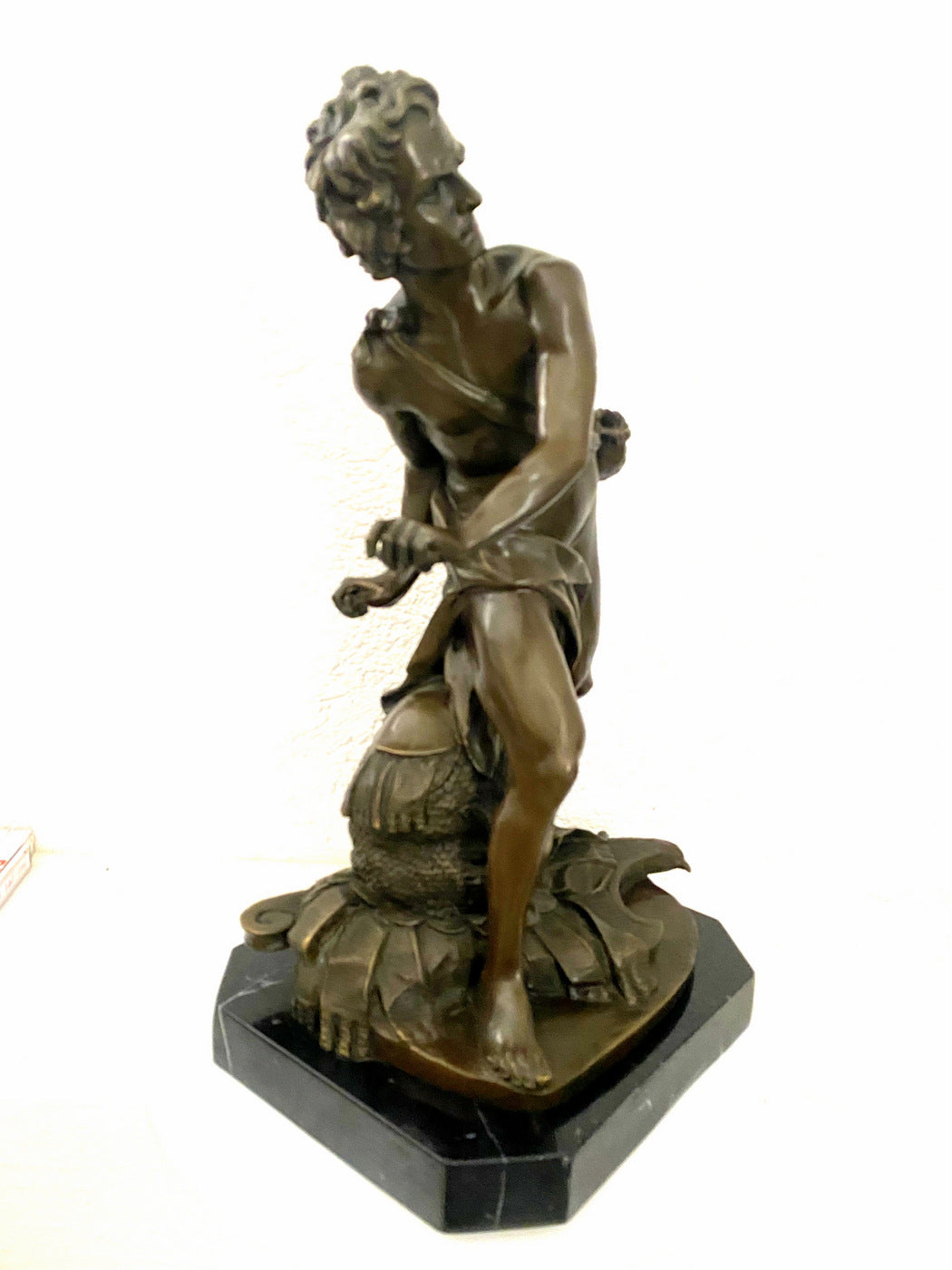 David with slingshot bronze figure on marble base signed