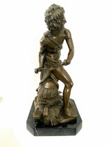 David with slingshot bronze figure on marble base signed