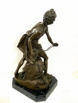 David with slingshot bronze figure on marble base signed