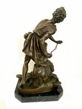 David with slingshot bronze figure on marble base signed