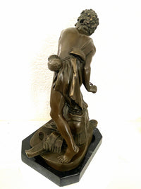 David with slingshot bronze figure on marble base signed