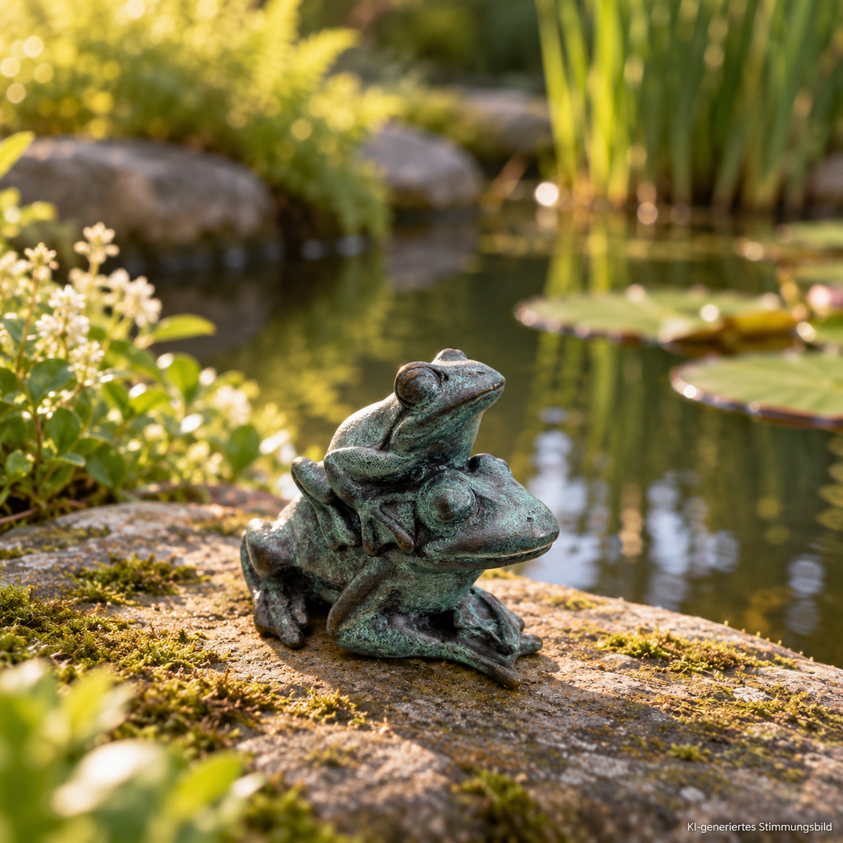Kleine grün patinierte Froschgruppe aus Bronze auf einem Stein am Gartenteich, KI-generiertes Stimmungsbild