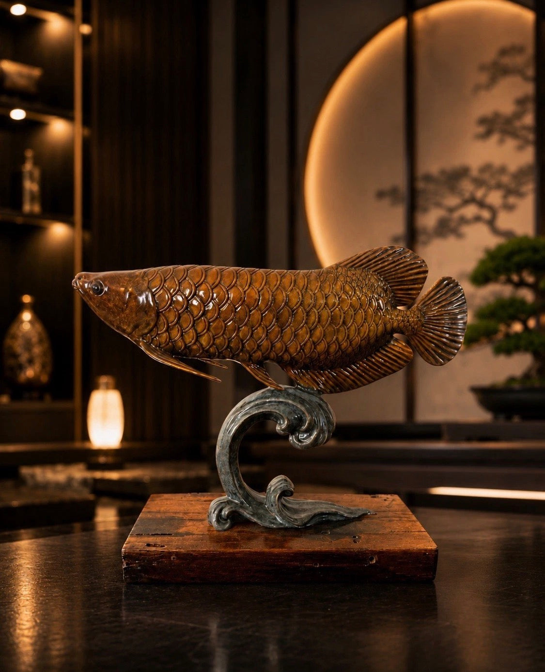 Sculpture animalière bronze poisson figurine en bronze sur socle en bois vieilli signée