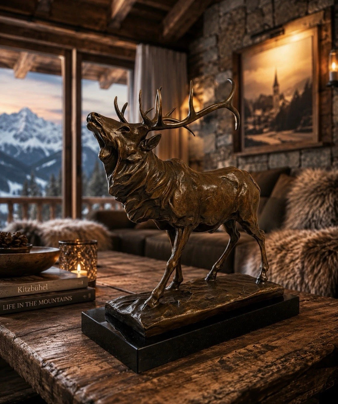 Bronzefigur Hirsch auf Marmorsockel –Stimmungsbild