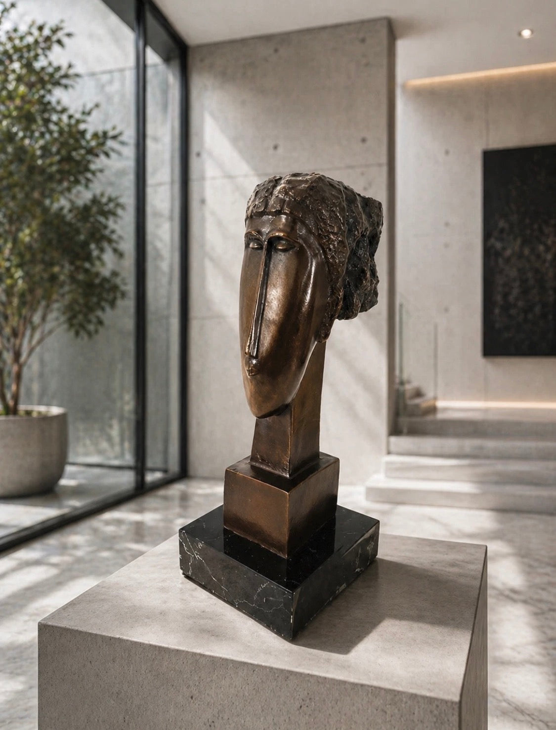 Moderne Kunst Modigliani Kopf Büste Bronzefigur mit Künstlersignatur auf Marmorsockel
