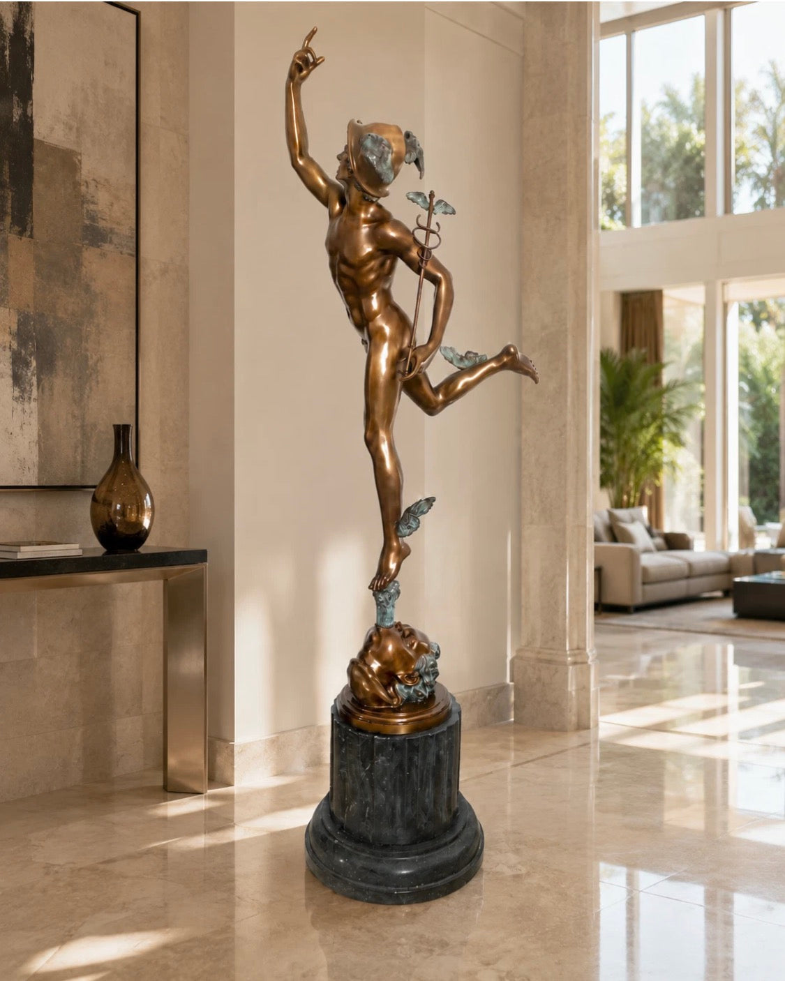 Hermes Statue aus Bronze – 2 Meter hoher Fliegender Merkur nach Giambologna