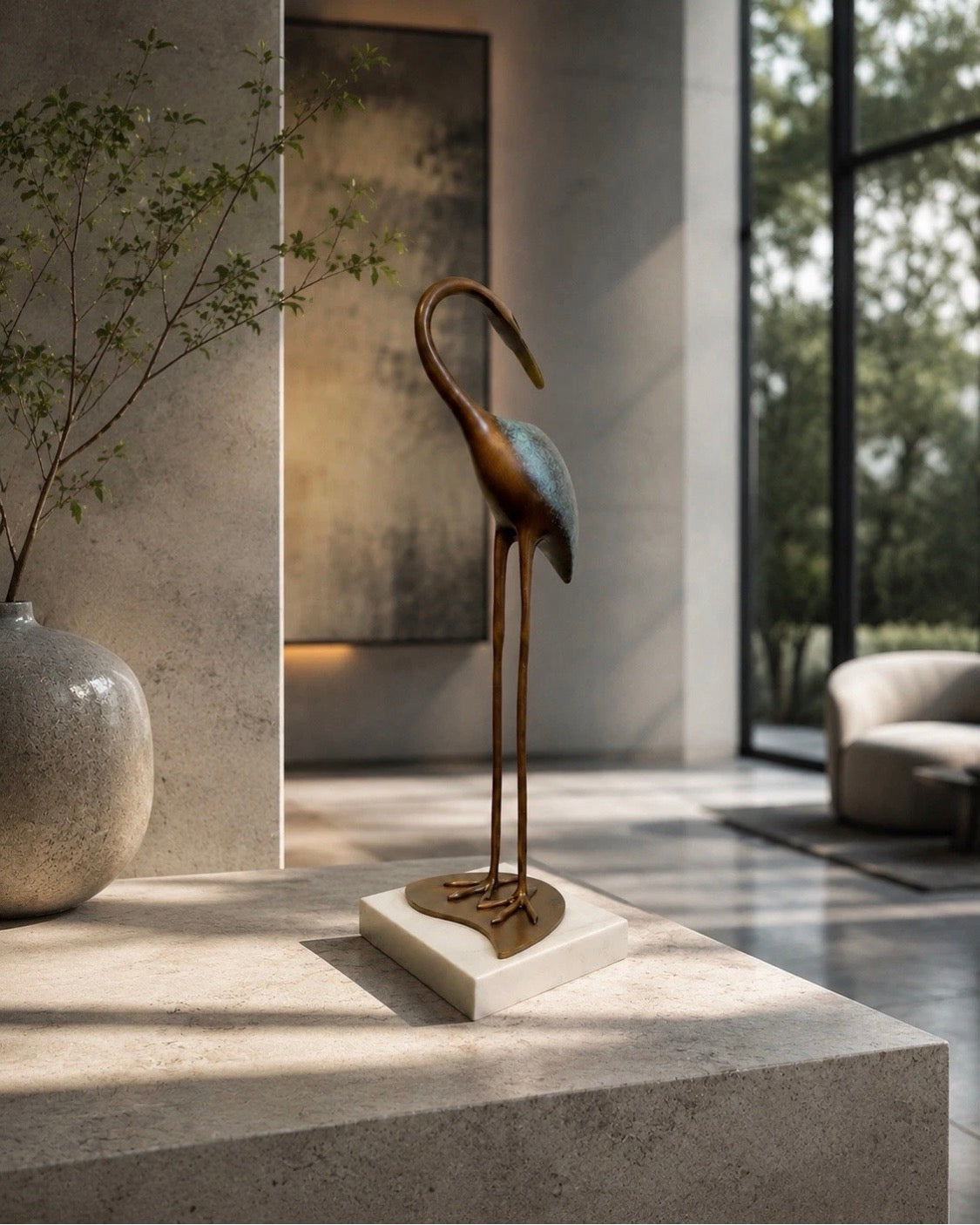 Reiherfigur aus Bronze – Vogel Skulptur mit Milo-Signatur