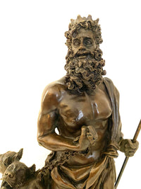 Figurine en bronze mythologique Hadès avec chien de l'enfer avec signature de l'artiste