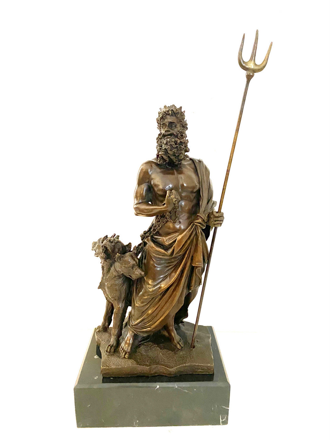 Figurine en bronze mythologique Hadès avec chien de l'enfer avec signature de l'artiste