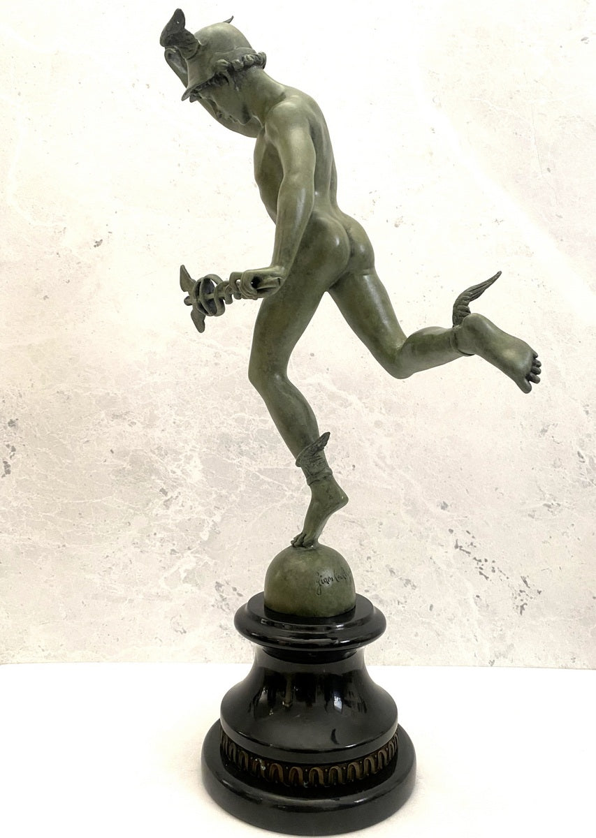 Bronze Skulptur Hermes der Götterbote signiert Giovanni Bologna auf Marmorsockel
