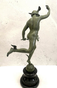 Bronze Skulptur Hermes der Götterbote signiert Giovanni Bologna auf Marmorsockel