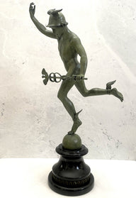 Bronze Skulptur Hermes der Götterbote signiert Giovanni Bologna auf Marmorsockel