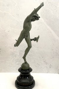 Bronze Skulptur Hermes der Götterbote signiert Giovanni Bologna auf Marmorsockel