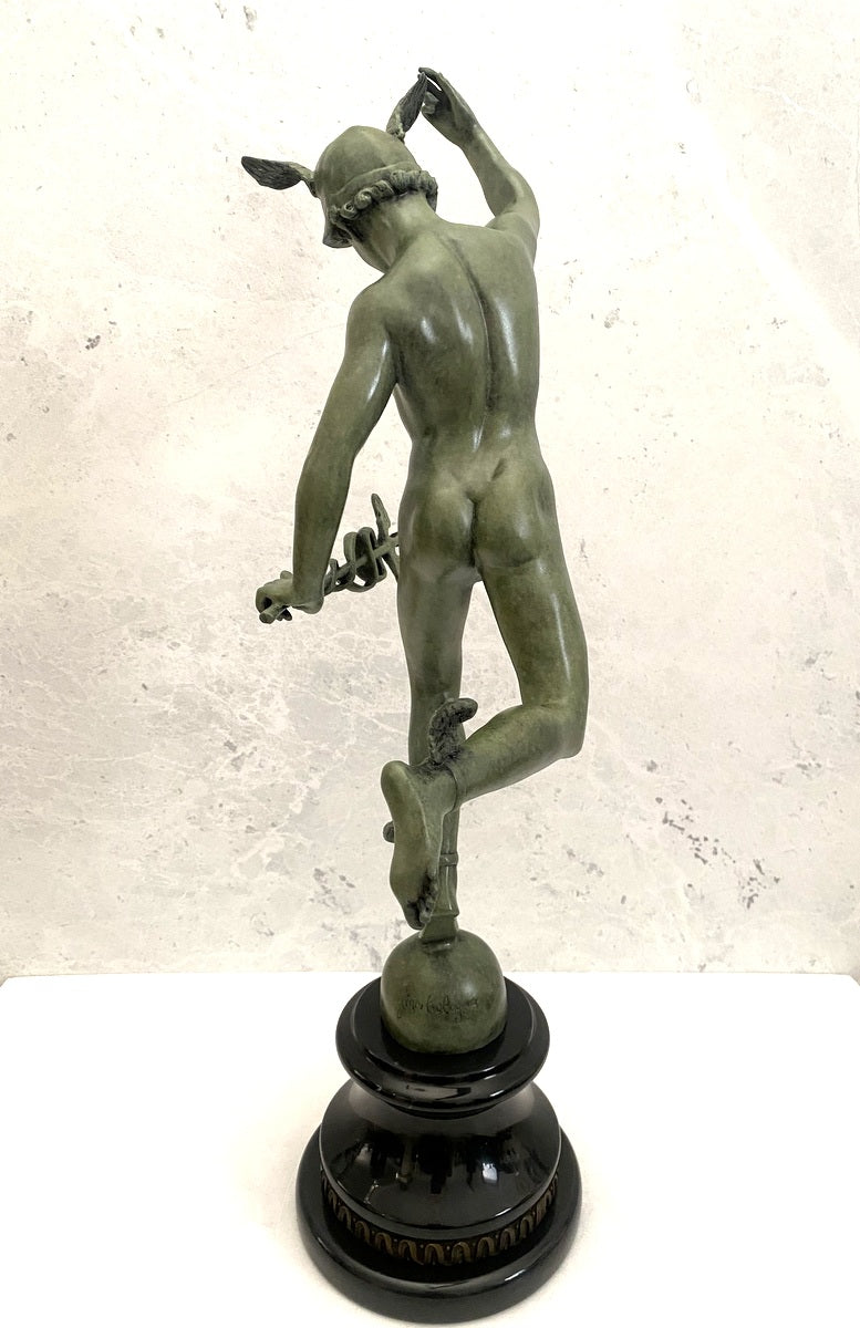 Bronze Skulptur Hermes der Götterbote signiert Giovanni Bologna auf Marmorsockel