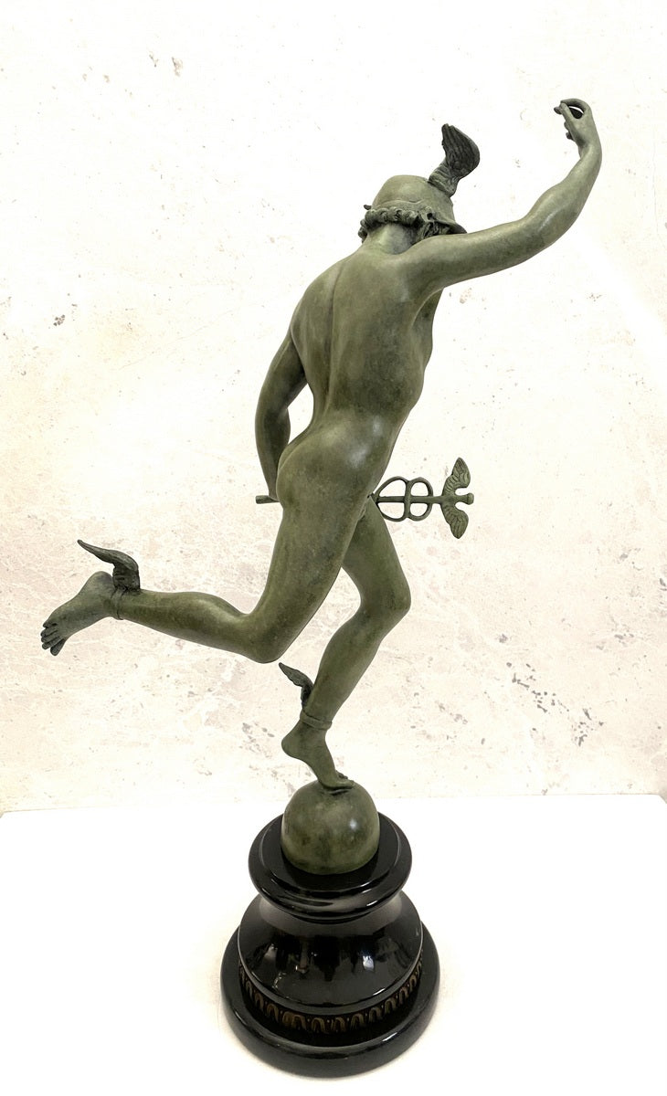 Bronze Skulptur Hermes der Götterbote signiert Giovanni Bologna auf Marmorsockel
