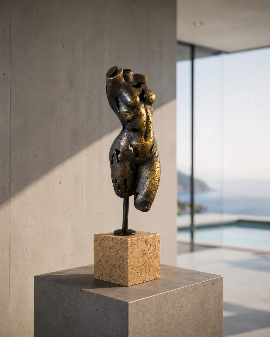 Weiblicher Torso aus Bronze – abstrakte Akt Skulptur auf Marmorsockel