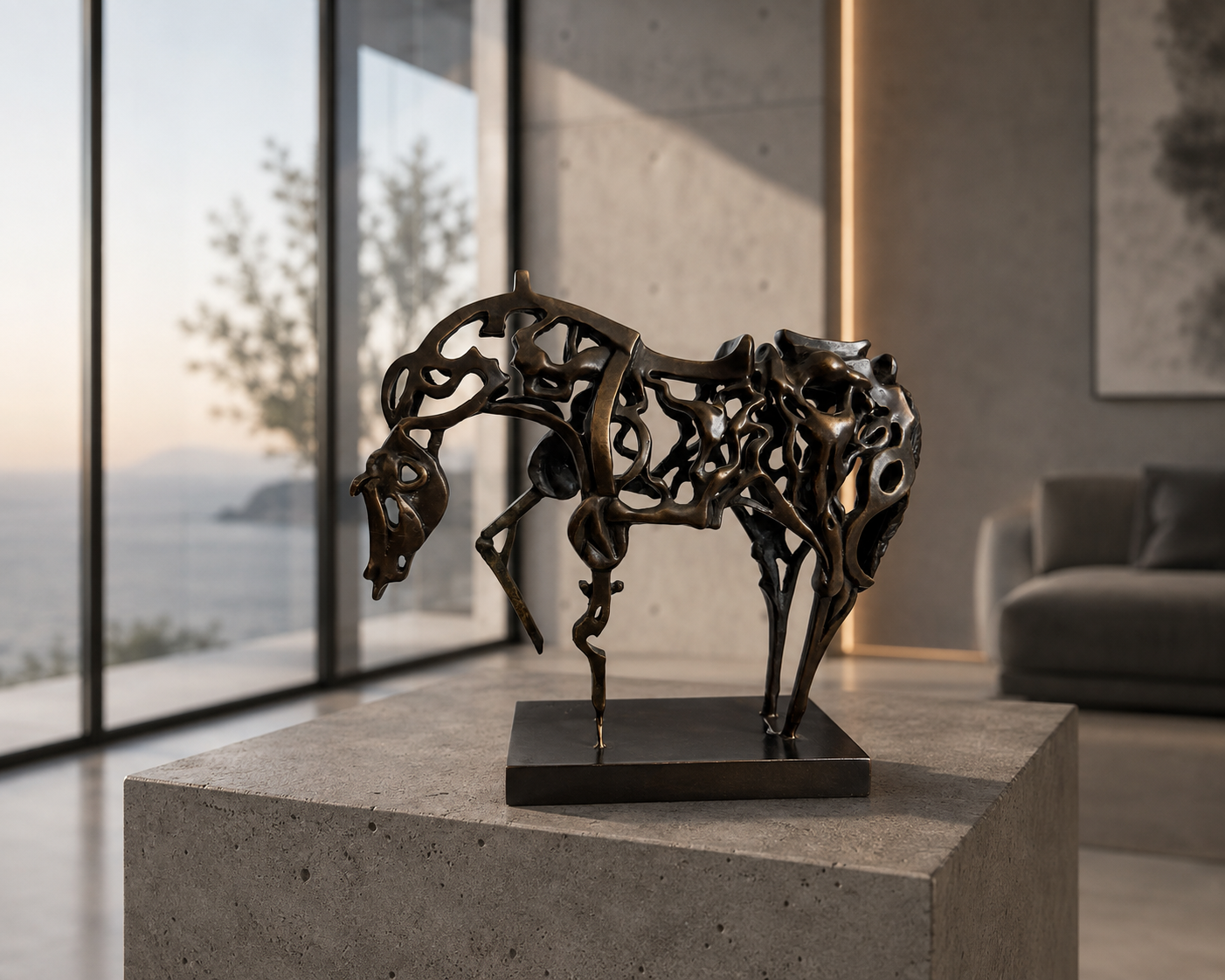 Surrealistisches Bronze Pferd El Caballo von Raymondo auf Bronzesockel – Stimmungsbild