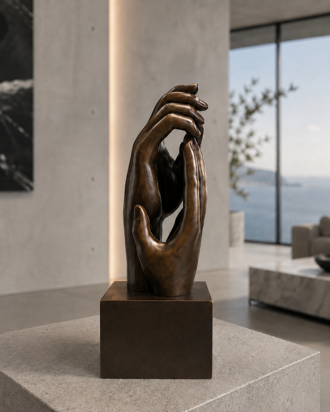 Bronzeskulptur Die Kathedrale – Stimmungsbild der Hand Skulptur im Wohnraum