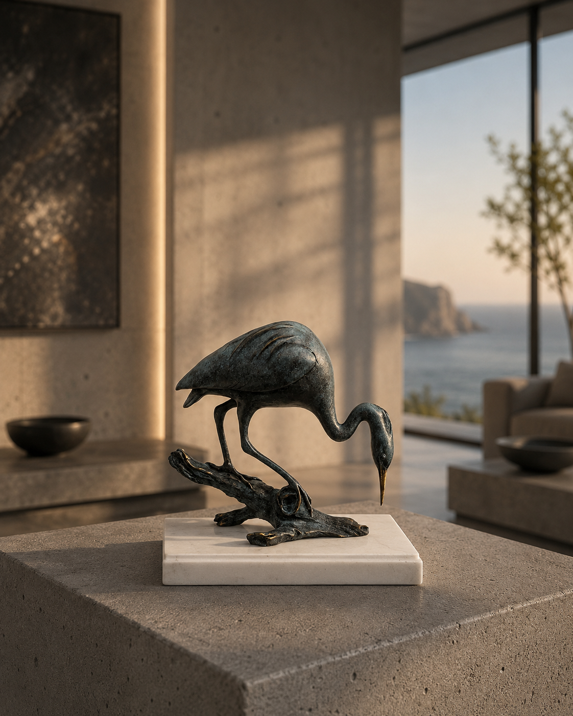 Tierskulptur-Bronzefigur-Reiher auf Ast in Bronze mit Künstlersignatur