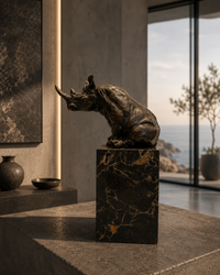 Nashorn Figur aus Bronze – sitzende Bronzeskulptur von Milo auf Marmorsockel