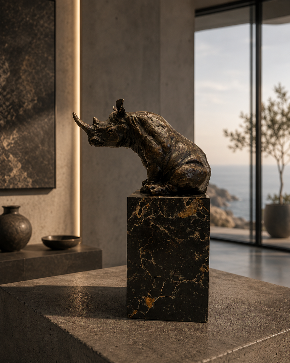 Nashorn Figur aus Bronze – sitzende Bronzeskulptur von Milo auf Marmorsockel