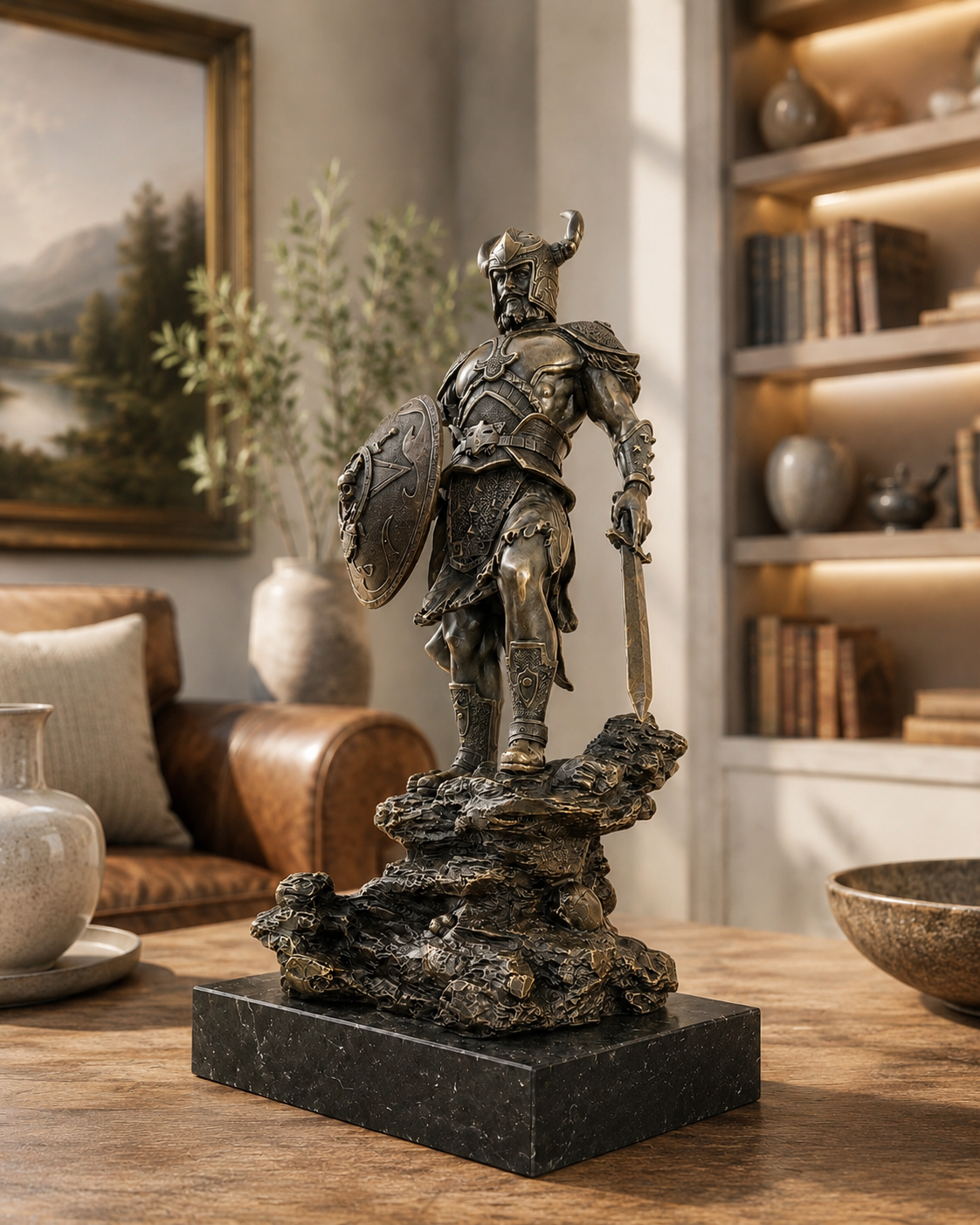 Wikinger Figur aus Bronze – Wikinger Statue mit Schwert und Totenkopf-Schild
