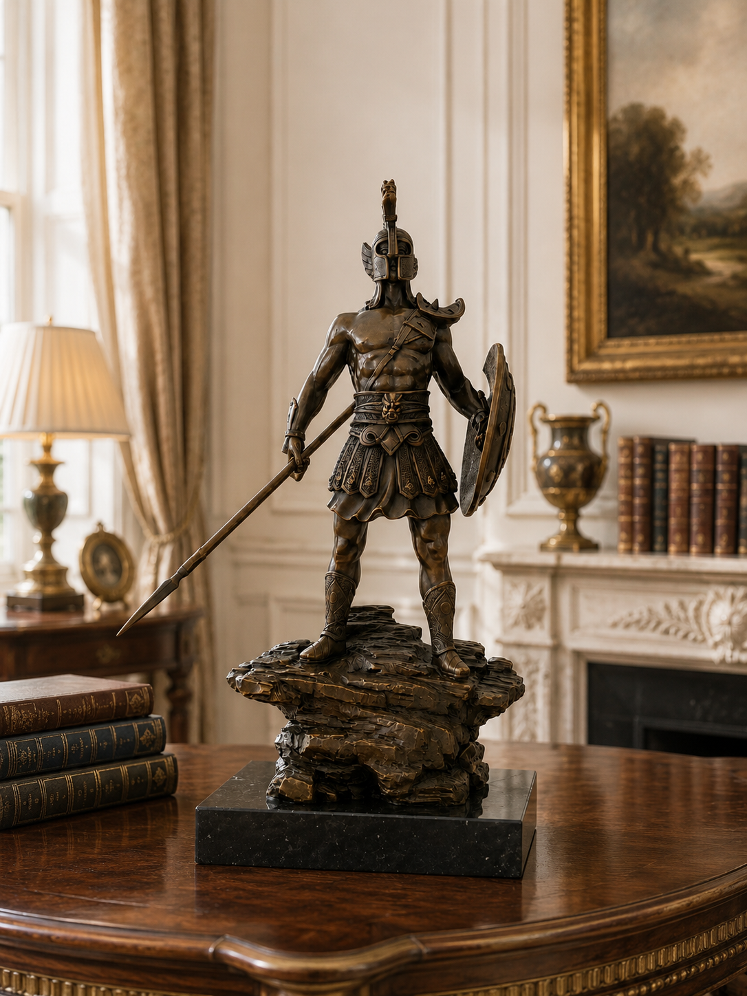 Spartanischer Krieger aus Bronze – Spartaner Figur mit Speer und Schild