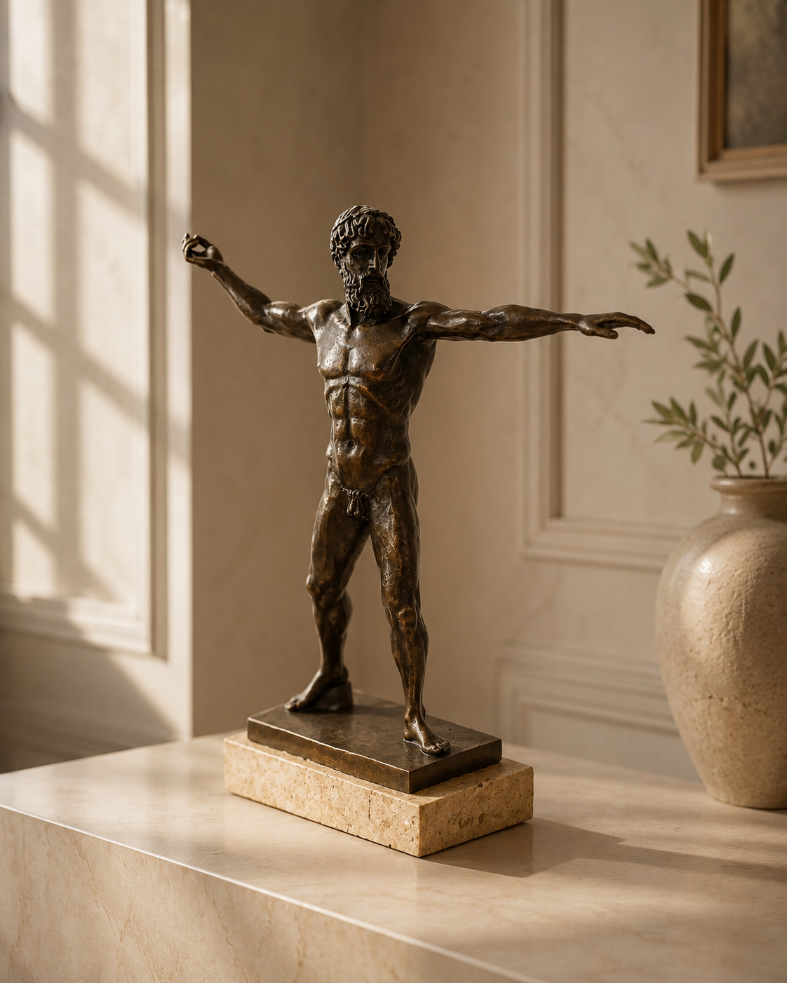 Poseidon Zeus bronze sculpture on marble base with artist signature