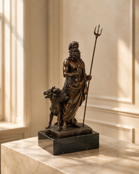 Figurine en bronze mythologique Hadès avec chien de l'enfer avec signature de l'artiste