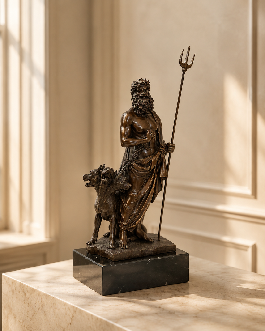Figurine en bronze mythologique Hadès avec chien de l'enfer avec signature de l'artiste