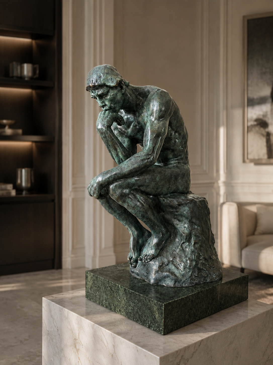 Der Denker von Rodin – Bronzeskulptur als Nachguss auf Marmorsockel
