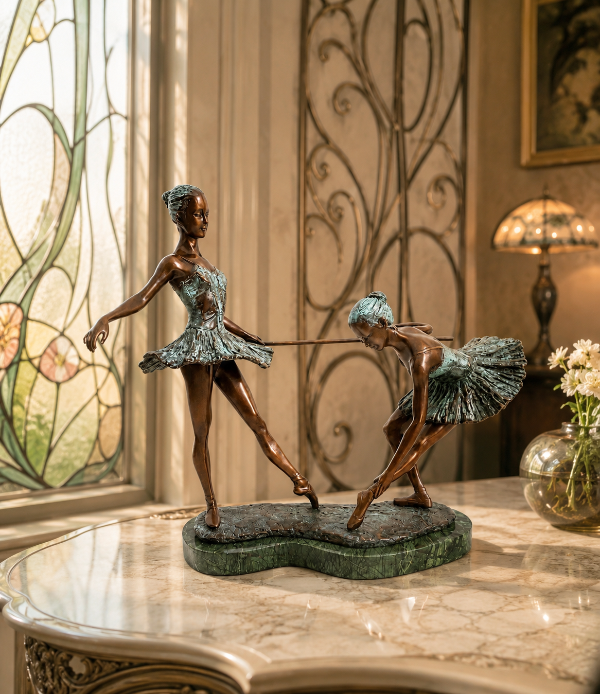 Tänzerin Skulptur aus Bronze – zwei Ballerinas nach Degas auf Marmorsockel
