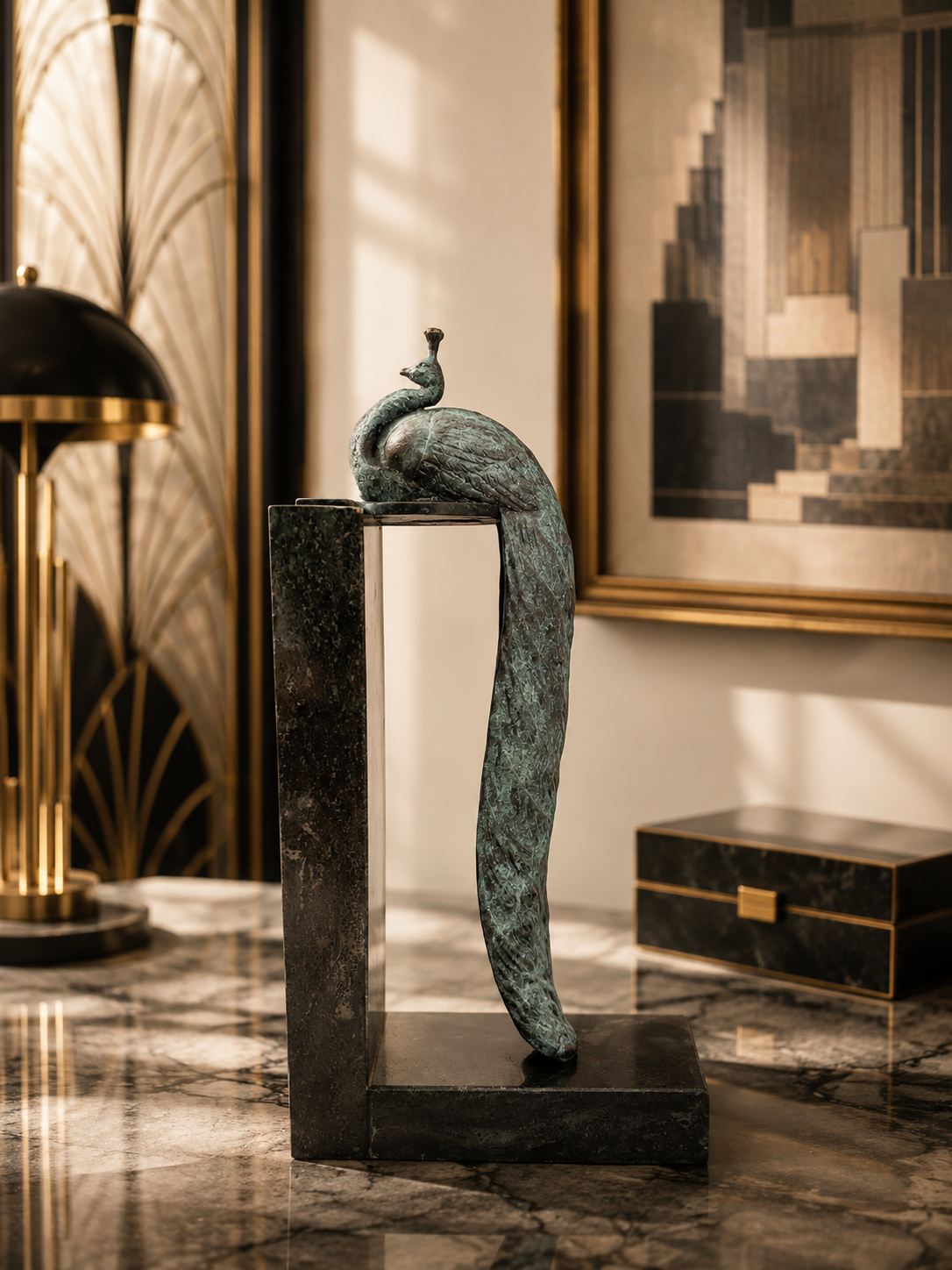 Bronze Pfau Figur – Art-Déco-Skulptur mit Milo-Signatur auf Marmorsockel