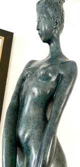 Large bronze statue -nude with artist signature on wooden base