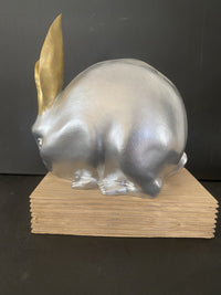 Animal figure-bronze figure-bronze rabbit on oak base with artist signature