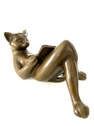 Playful Animal Bronze-Lying Bronze Cat Reading a Book-Bookend 3 kg