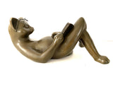 Playful Animal Bronze-Lying Bronze Cat Reading a Book-Bookend 3 kg