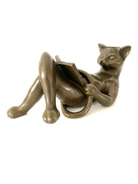 Playful Animal Bronze-Lying Bronze Cat Reading a Book-Bookend 3 kg