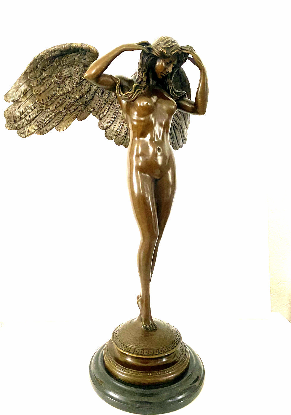 Large bronze angel signed Weinmann on marble base 