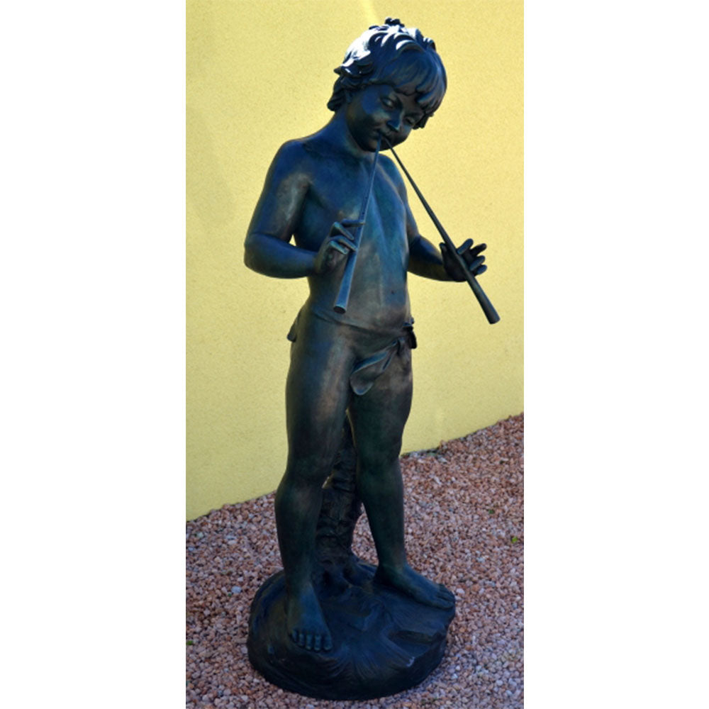 Life-size bronze sculpture Bronze boy with flute greenish patinated with artist signature