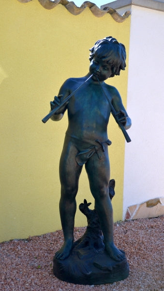 Life-size bronze sculpture Bronze boy with flute greenish patinated with artist signature