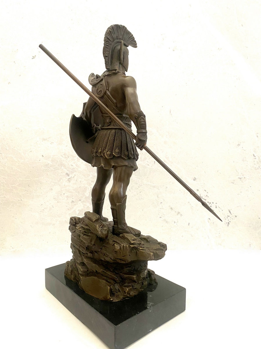 Bronzefigur Spartaner mit Speer und Schild - Bronze Krieger auf Marmorsockel
