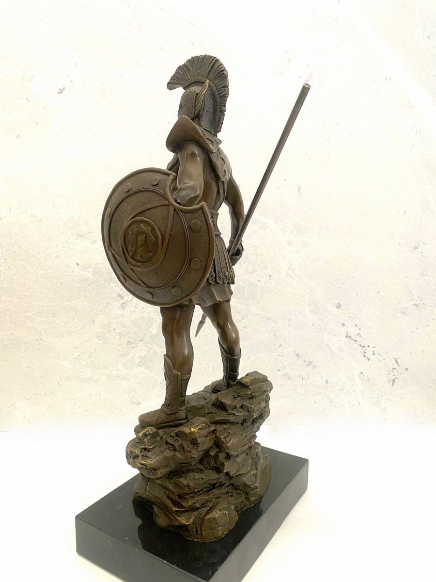 Bronzefigur Spartaner mit Speer und Schild - Bronze Krieger auf Marmorsockel