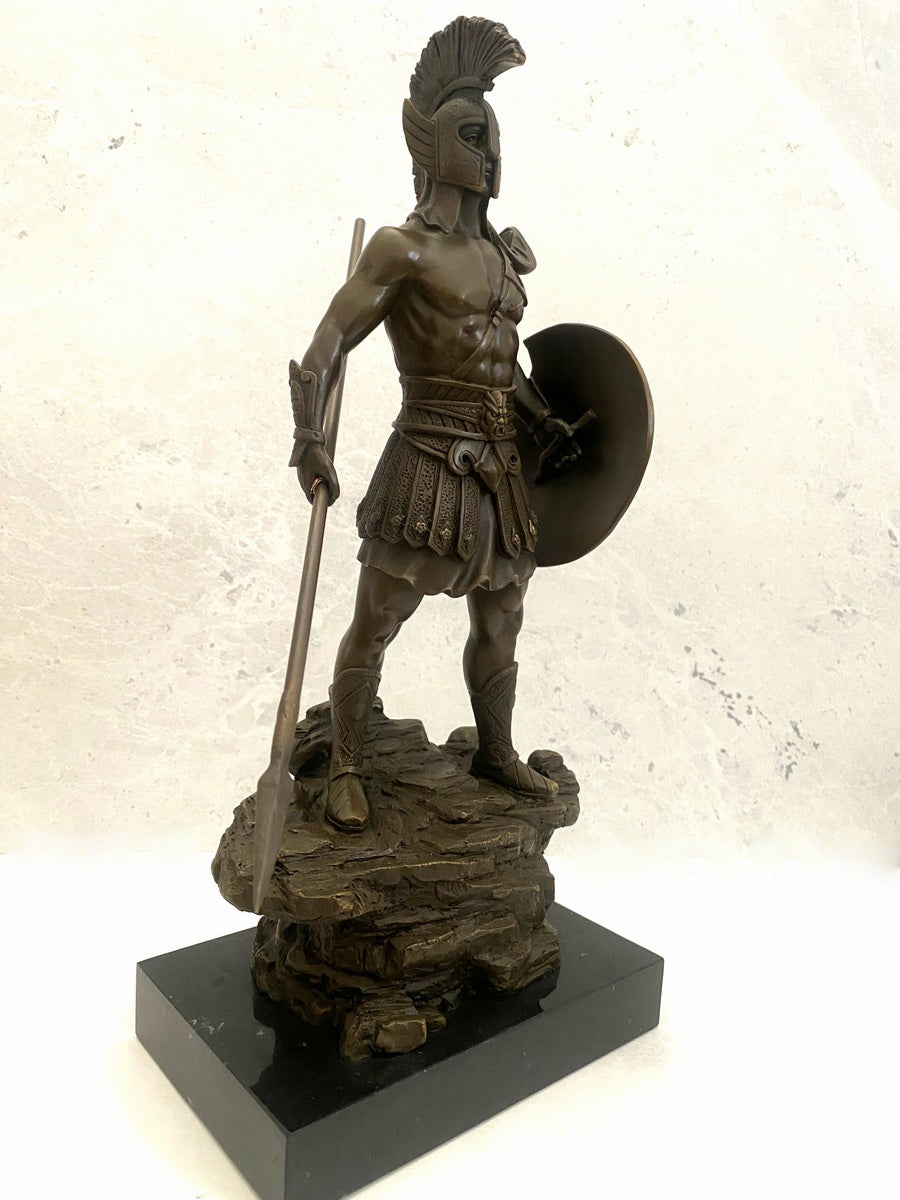 Bronzefigur Spartaner mit Speer und Schild - Bronze Krieger auf Marmorsockel
