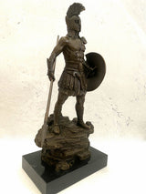 Bronzefigur Spartaner mit Speer und Schild - Bronze Krieger auf Marmorsockel