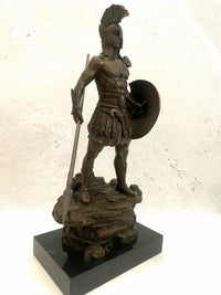 Bronzefigur Spartaner mit Speer und Schild - Bronze Krieger auf Marmorsockel