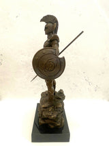Bronzefigur Spartaner mit Speer und Schild - Bronze Krieger auf Marmorsockel