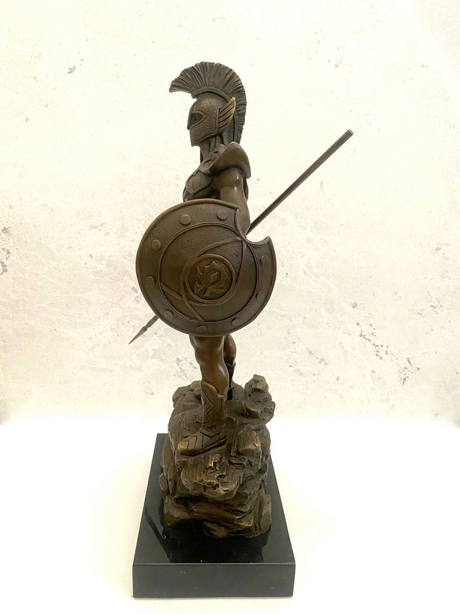 Bronzefigur Spartaner mit Speer und Schild - Bronze Krieger auf Marmorsockel