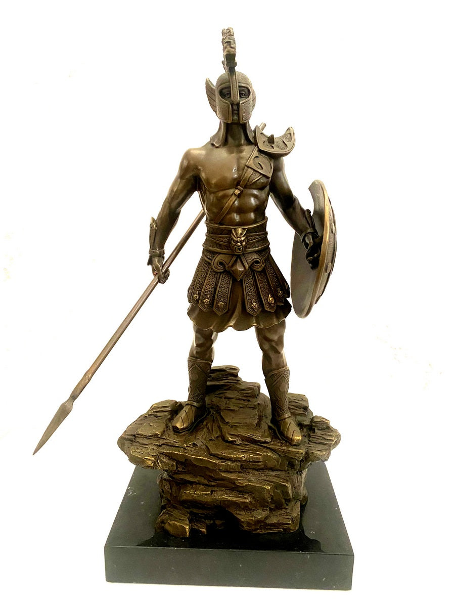Bronzefigur Spartaner mit Speer und Schild - Bronze Krieger auf Marmorsockel
