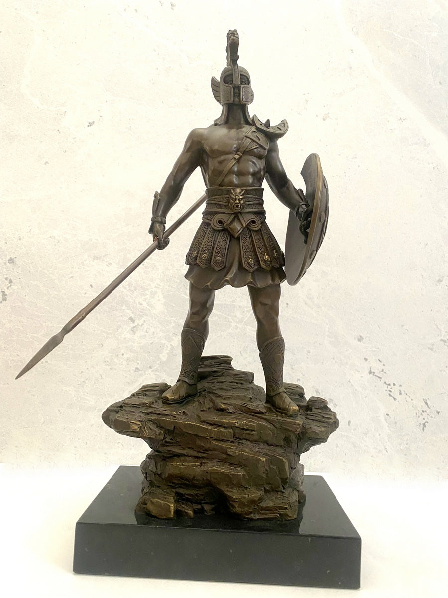 Bronzefigur Spartaner mit Speer und Schild - Bronze Krieger auf Marmorsockel
